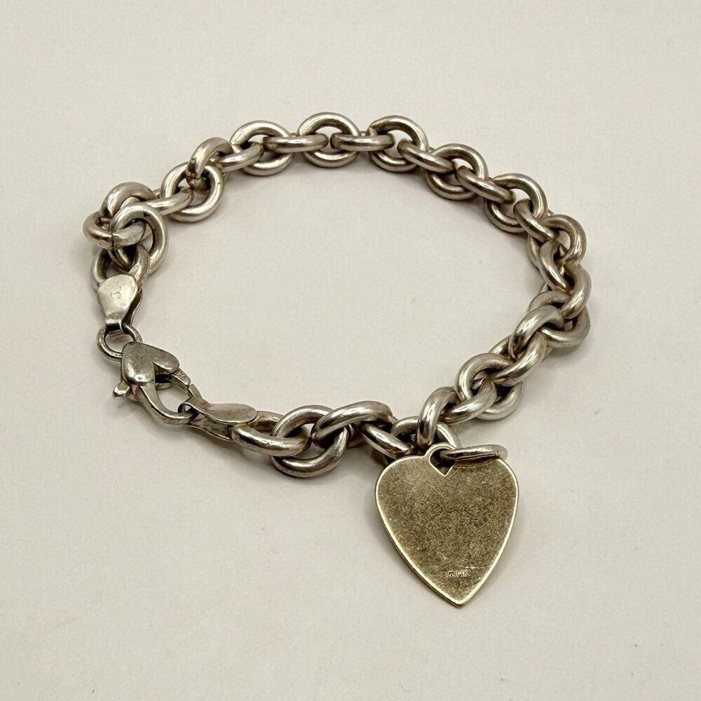 Vintage Judith Jack 14k Gold Heart Tag 925 Silver Rolo Link Chain Charm Bracelet